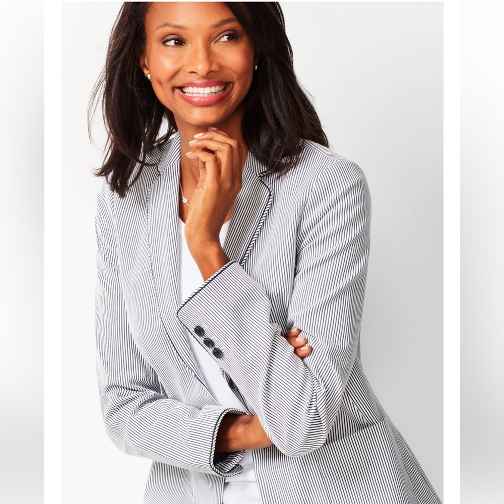 NEW Talbots Pin-Striped Blazer white/navy blue STRIPE PIPED BLAZER